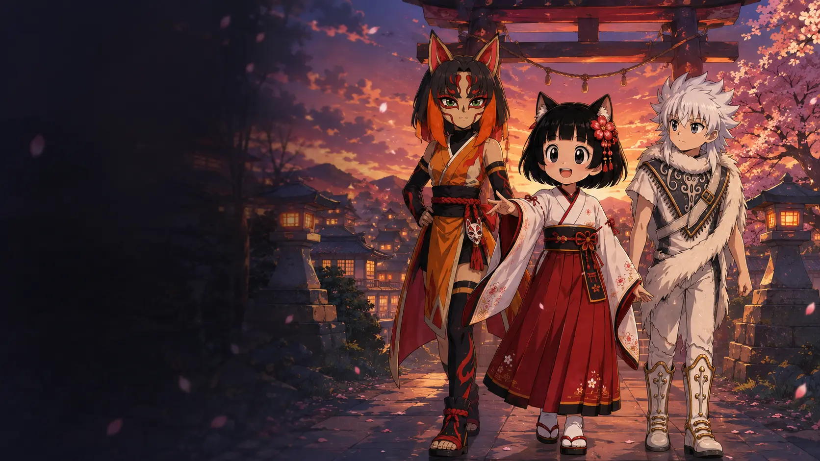 Yuuki, Yumekui e Shuugo na entrada da Vila Shinzen
