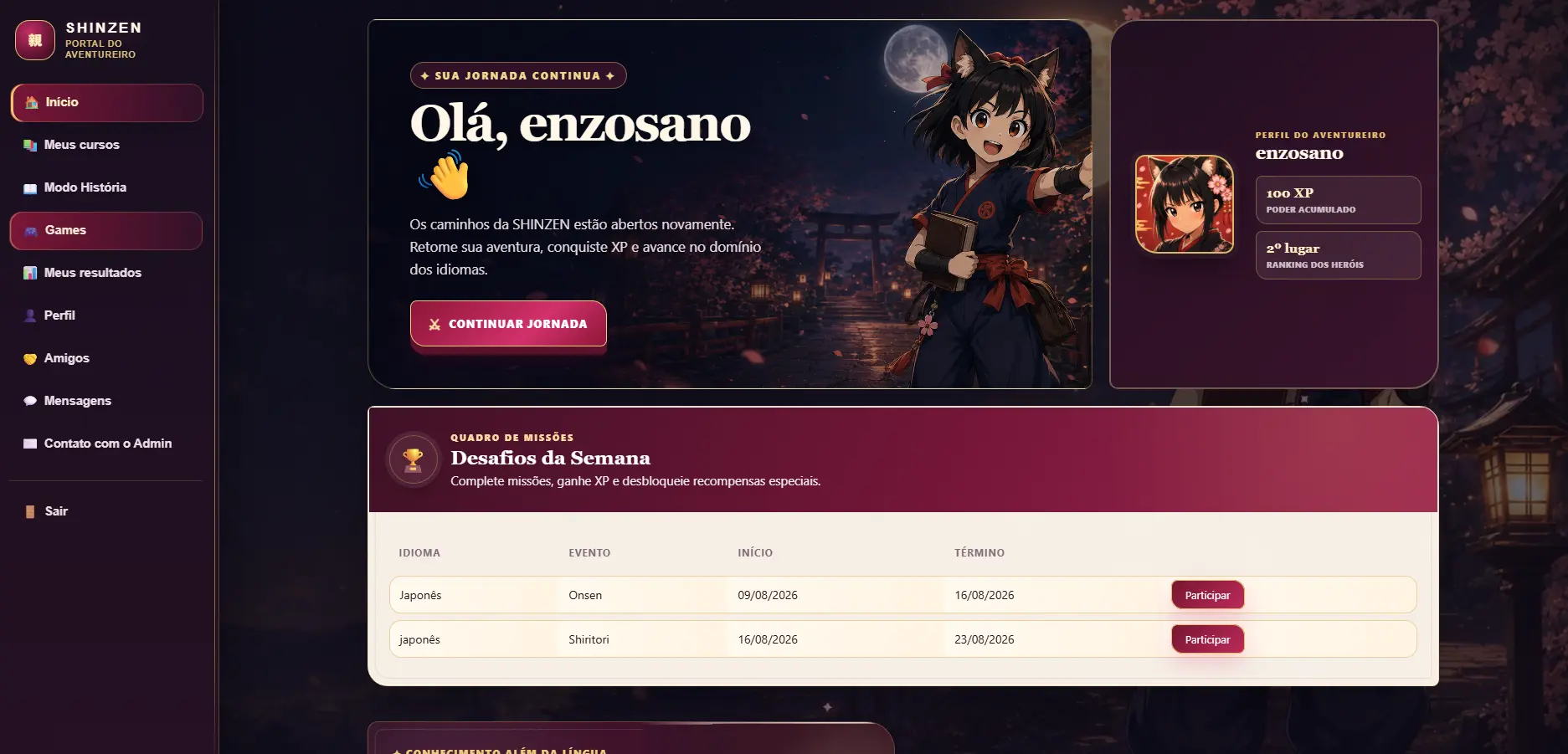 Tela real do Portal do Aventureiro SHINZEN Premium