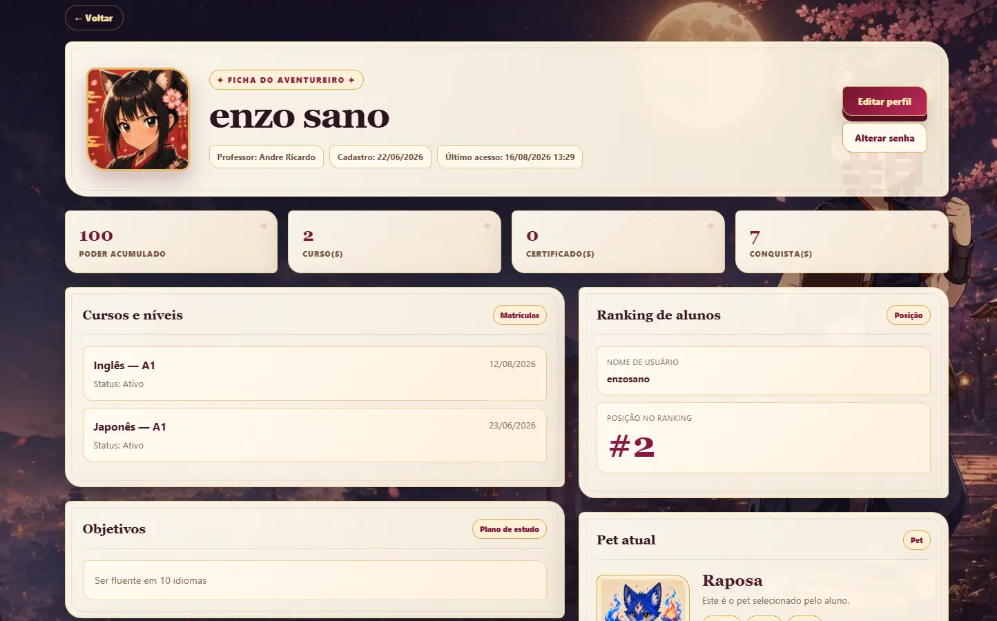 Perfil com progresso e ranking