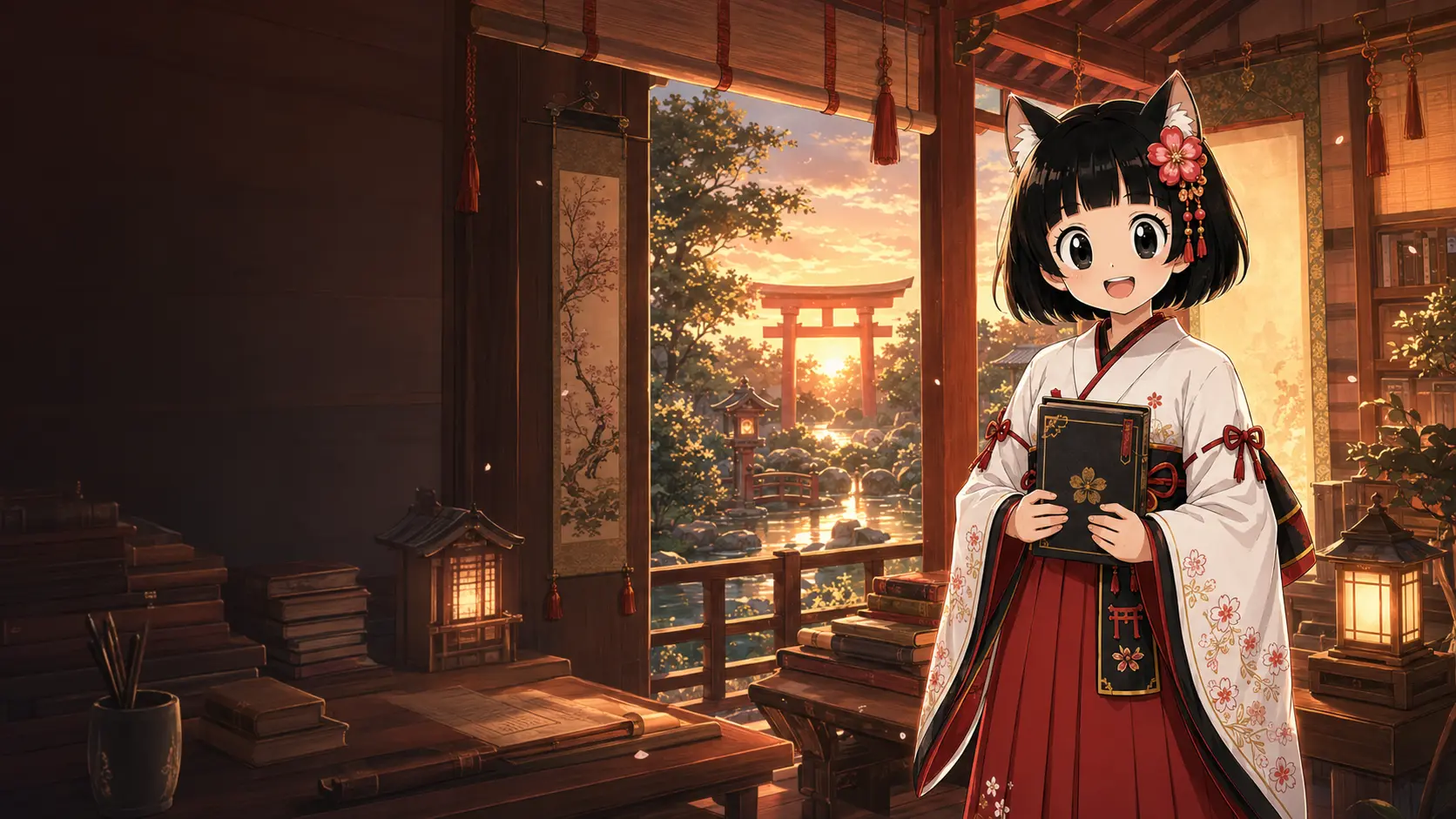Yuuki segurando um livro na sala de estudos da Vila Shinzen